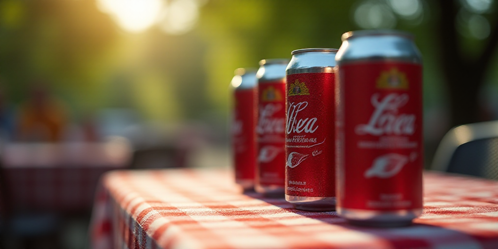 a row of cans of beer sitting on top of a table next to each other on a tablecloth, Allaert van Ever