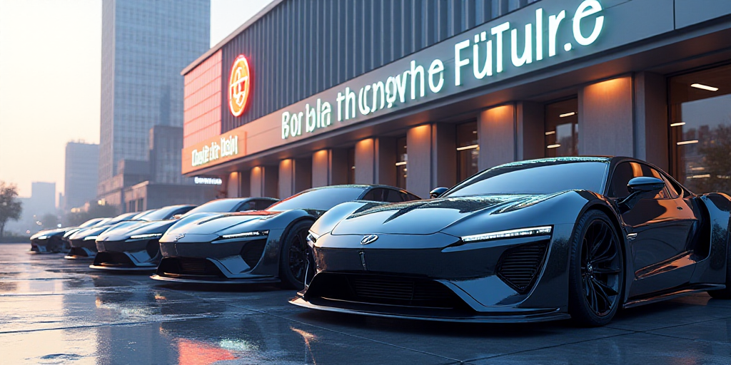 a row of cars parked in front of a building with a sign that says touch the future on it, Cui Bai, f