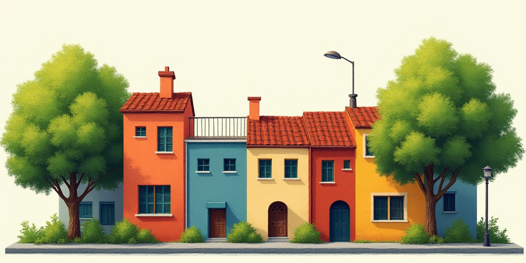 a row of multi - colored buildings with a tree in front of them and a street light in the background