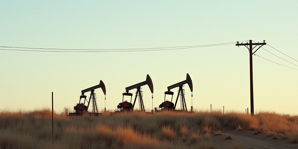 a row of oil pumps sitting on top of a hill next to a telephone pole and a telephone pole, Andries S