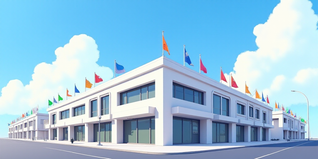 a row of white buildings with colorful flags on a street corner in front of a blue sky with clouds,