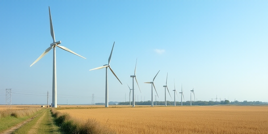 a row of wind turbines in a field with power lines in the background and a blue sky in the backgroun