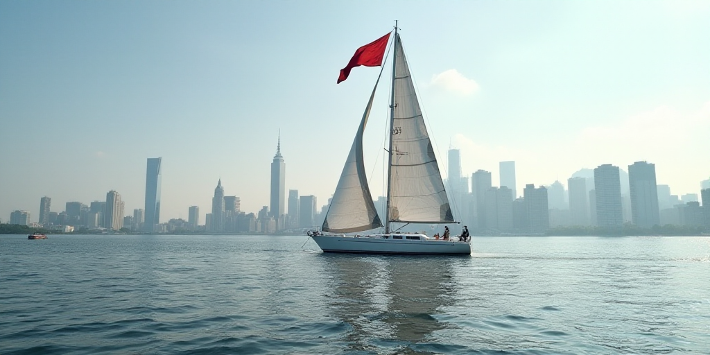 a sailboat in the water near a city skyline with tall buildings in the background and a flag flying