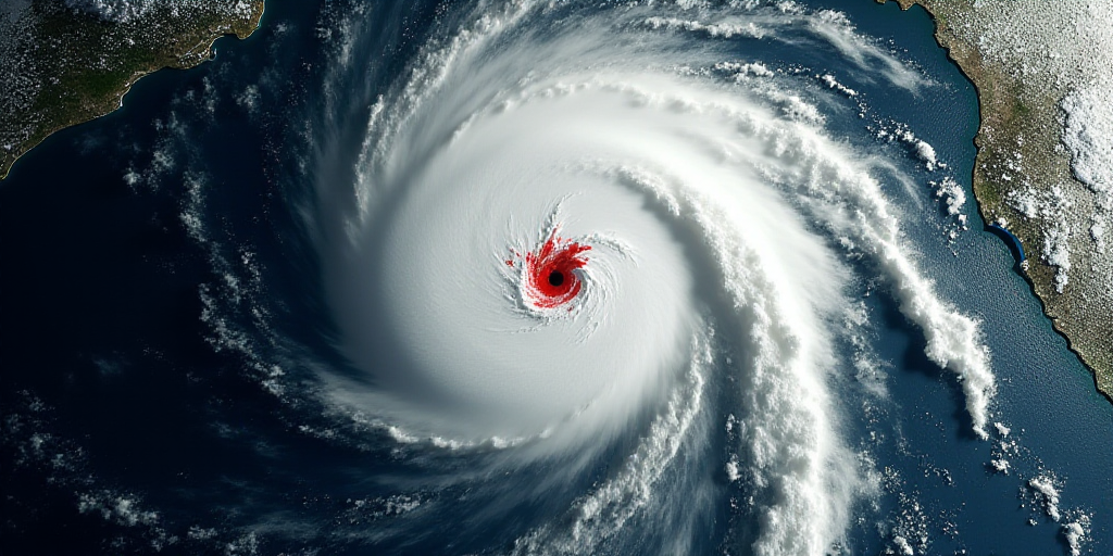 a satellite image of a hurricane in the ocean with a red dot on the top of it and a white dot on the