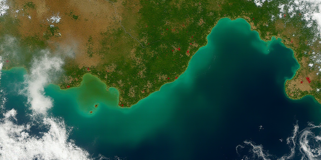 a satellite image of a large body of water and land covered in green algae and brown algaes and red