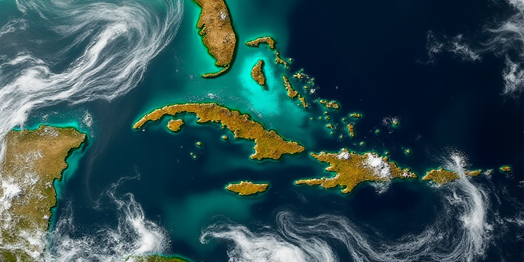 a satellite image of a tropical region with a large amount of water and land cover on it's sides, Ce
