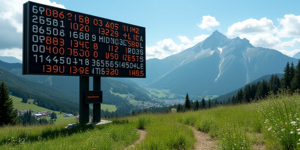 a scoreboard with a large number of different sports numbers on it's side and a mountain in the back