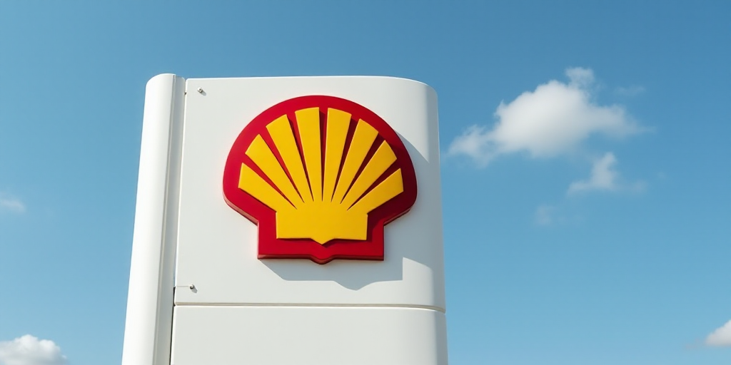 a shell gas station sign with a blue sky in the background and a red and yellow shell logo on the si