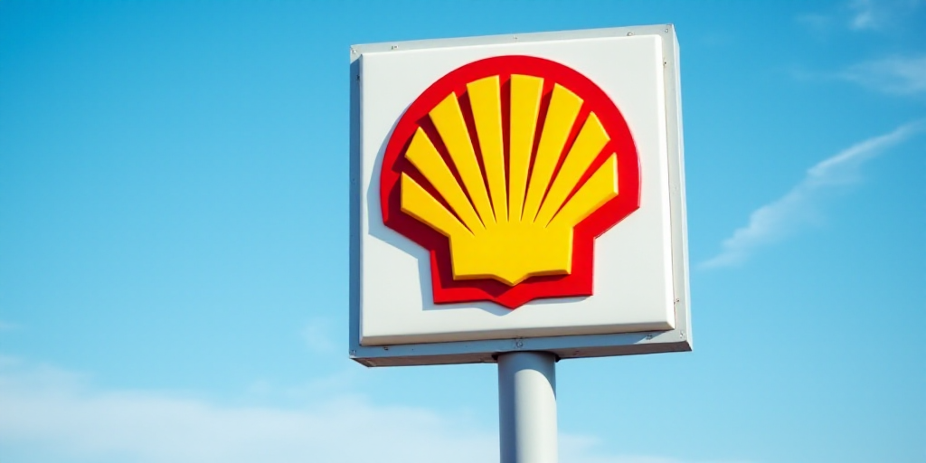 a shell gas station sign with a blue sky in the background and a red and yellow shell logo on the si
