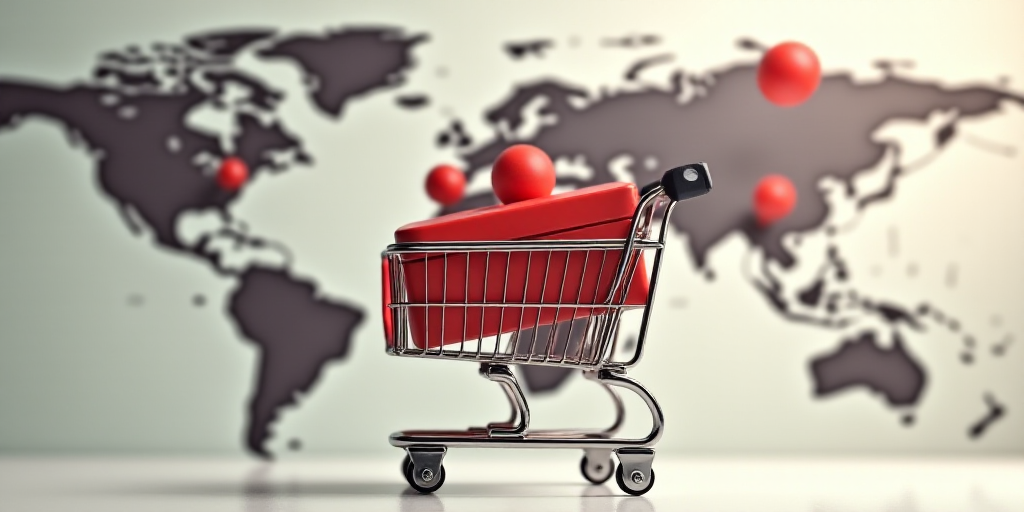 a shopping cart with a red cart on top of it in front of a world map with pins on it, Cao Buxing, de