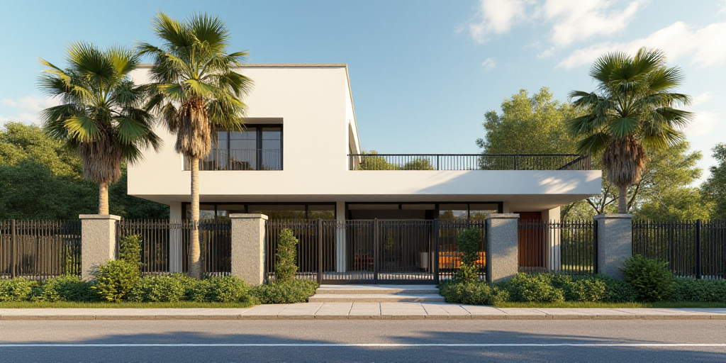 a sign for a building with a palm tree in front of it and a fenced in area behind it, Almada Negreir