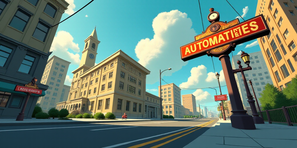 a sign for a company with a building in the background with a clock on it and a building with a sign