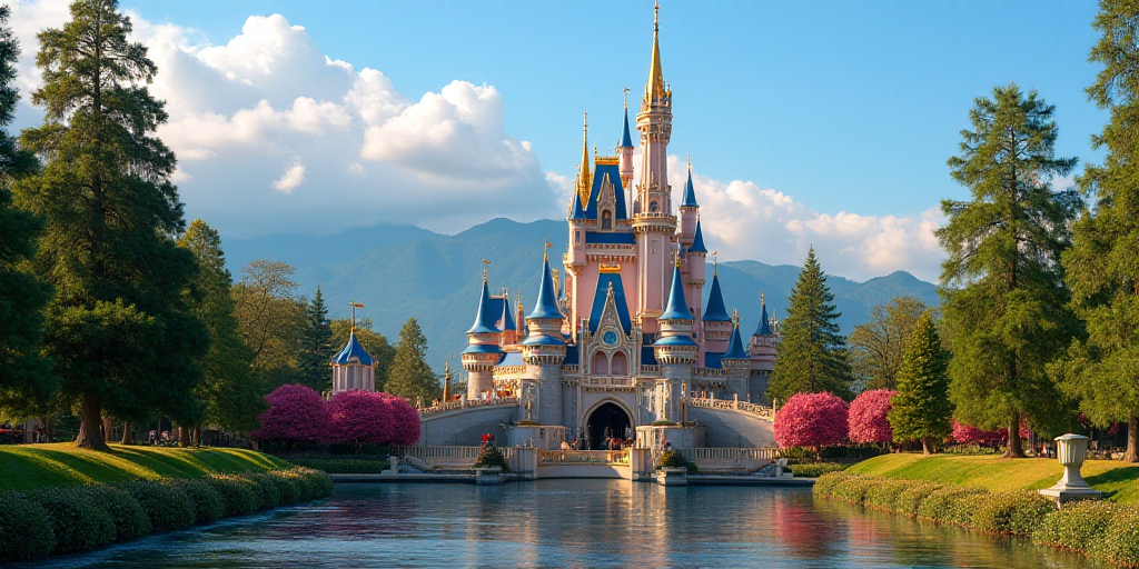 a sign for a disney resort with a castle in the background and mountains in the distance in the dist