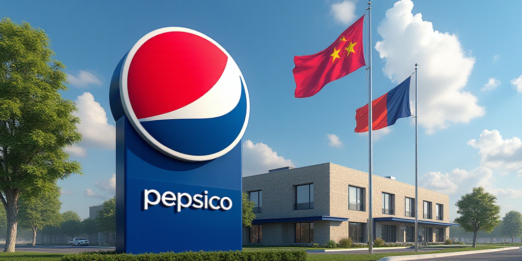 a sign for pepsico in front of a building with a flag on it's side and a flag on the other side, Cor