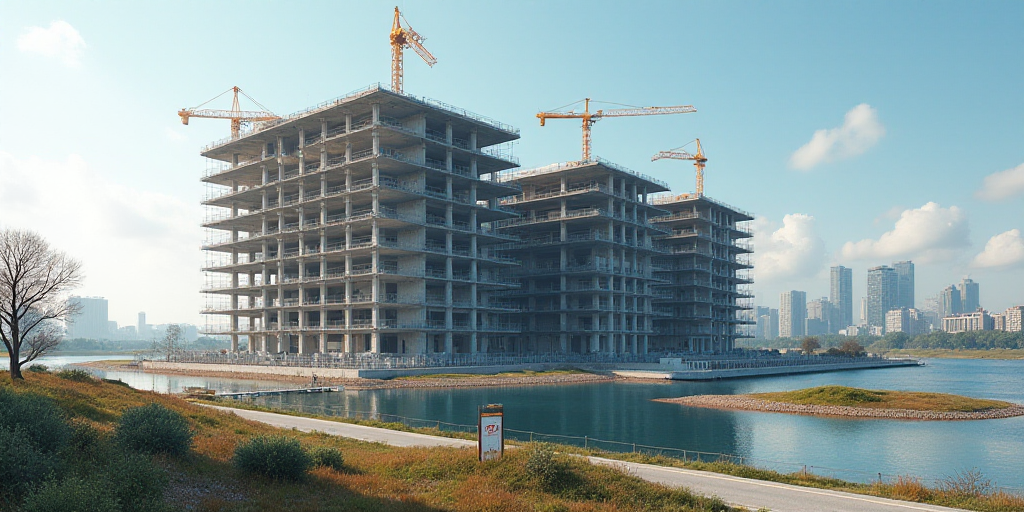 a sign is in front of a building under construction near a street and a body of water with a constru