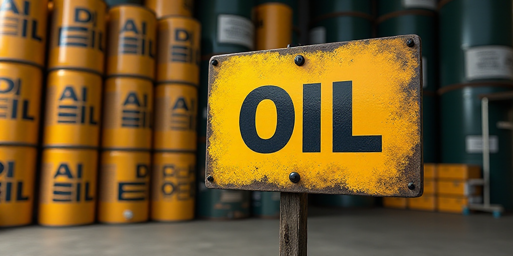 a sign is in front of a large stack of oil cans and cans of oil are in the background, Constant Perm