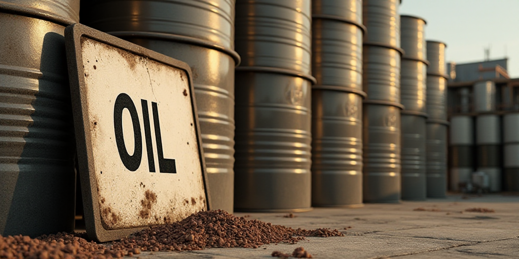 a sign is in front of a large stack of oil cans and cans of oil are in the background, Constant Perm