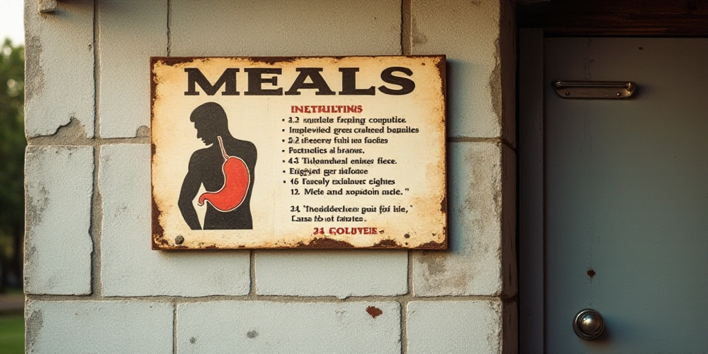 a sign on a wall that says meals and instructions on it with a picture of a man's stomach, Évariste