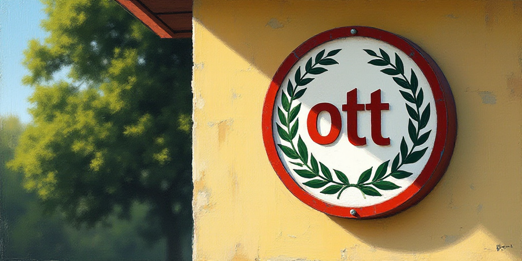 a sign on a wall that says ott in a circle with a wreath on it and a tree in the background, Brigett