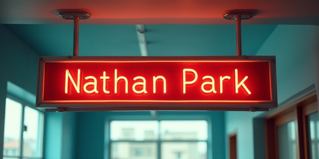 a sign that is hanging from a ceiling in a building with a blue and red background and a red sign th