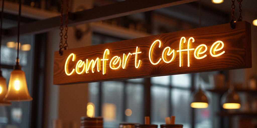 a sign that is on a wall in a store that says, coffee, comfort coffee, and coffee, Colijn de Coter,