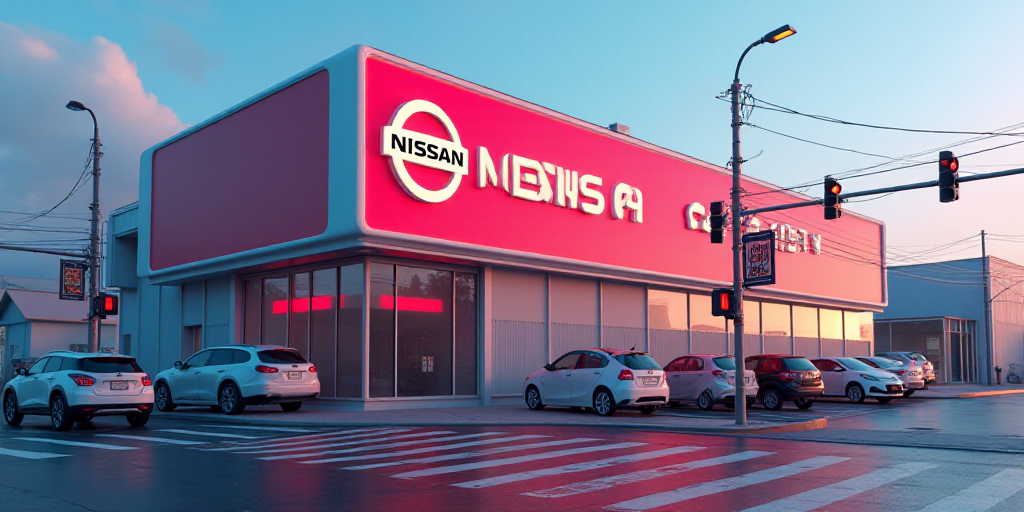 a sign that is on the side of a building that says nissan on it and a traffic light in front of it,