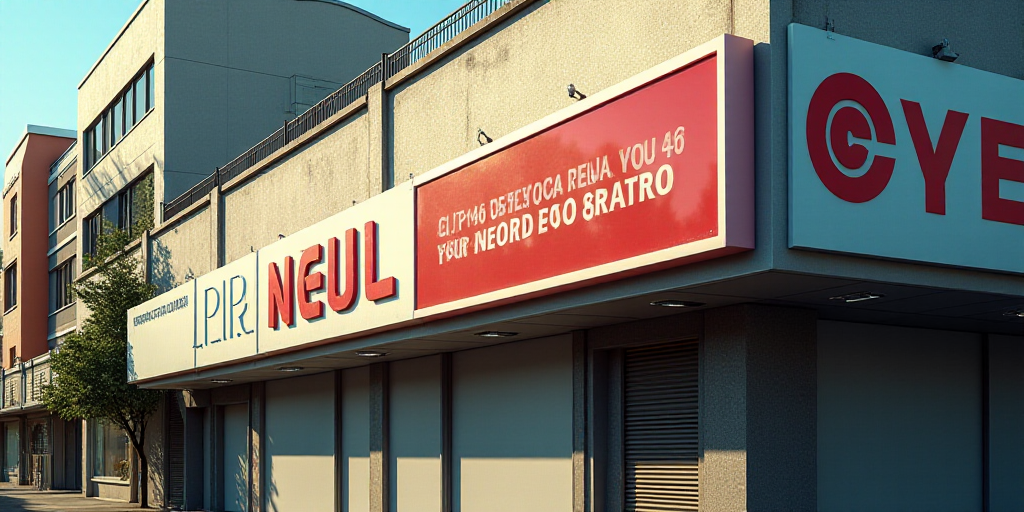 a sign that is on the side of a building with a building in the background and a building with a sig