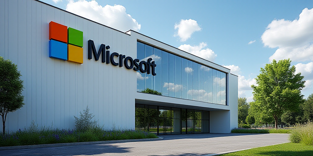 a sign that is on the side of a building that says microsoft on it and a building with a large windo