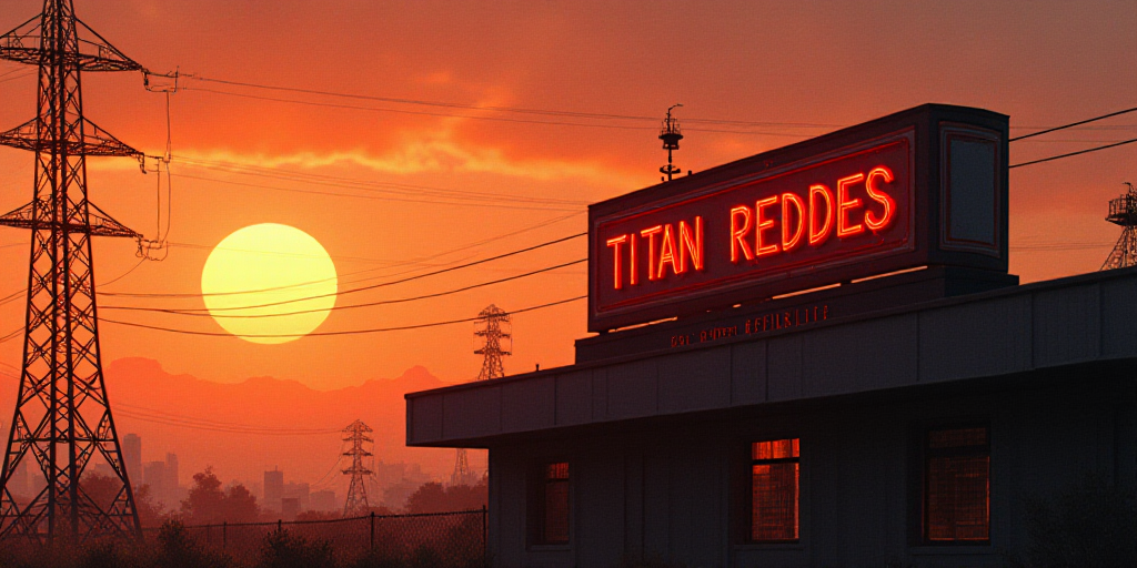 a sign that reads titan reddes on a building with power lines in the background and a sunset in the