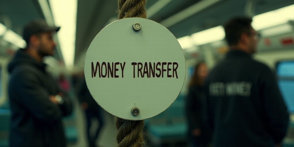 a sign that says money transfer on it and two people standing in the background looking at it in a t