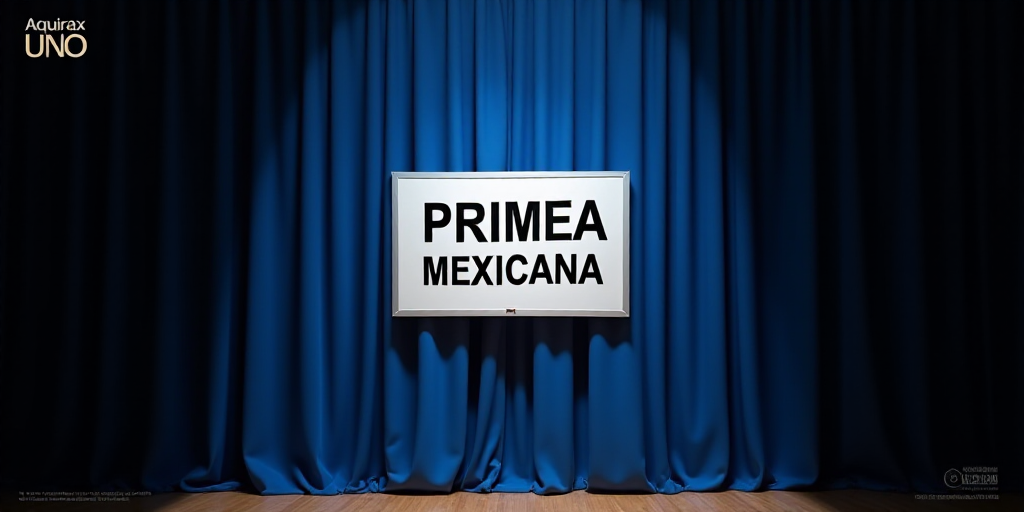 a sign that says primea mexicana in front of a blue curtain and a black curtain behind it, Aquirax U