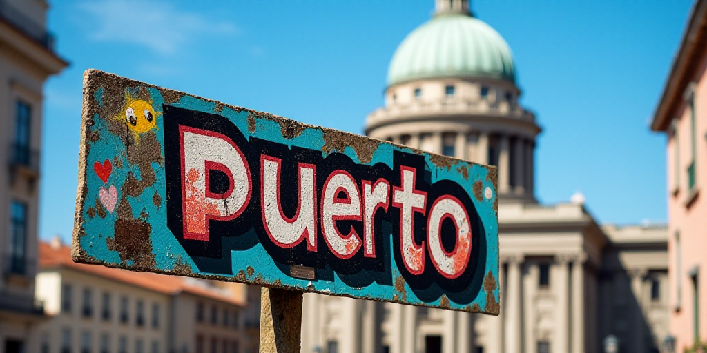 a sign that says puerto in front of a building with a dome in the background and a blue sky, Art & L