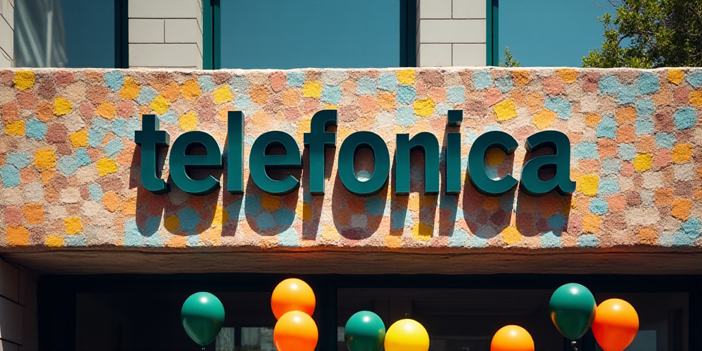 a sign that says telefonica on it in front of a building with balloons in front of it, Carlos Trillo