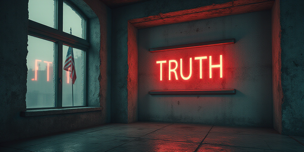 a sign that says truth and a flag behind it in a building with a window that says truth and a flag b
