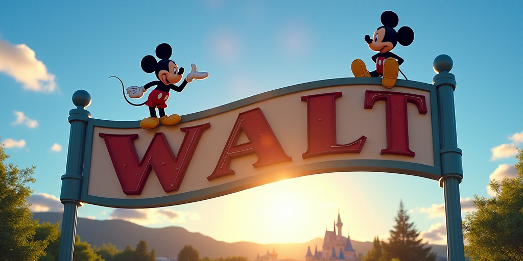 a sign that says walt and mickey mouse on it's side with the sun in the background and a blue sky, d