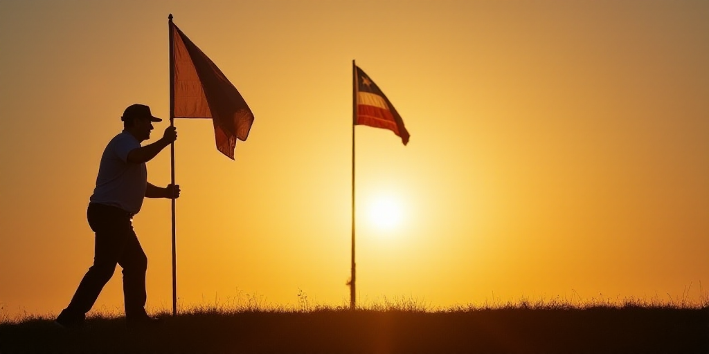 a silhouette of a man with a flag in the background of a sunlit sky and a flag pole, Dennis Ashbaugh