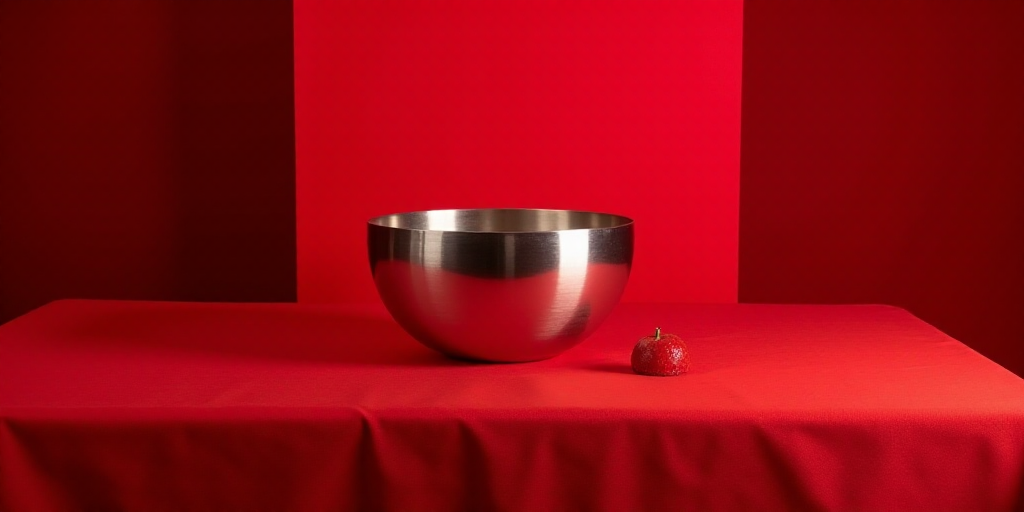 a silver bowl sitting on top of a red table cloth next to a red wall and a red table cloth, Christia