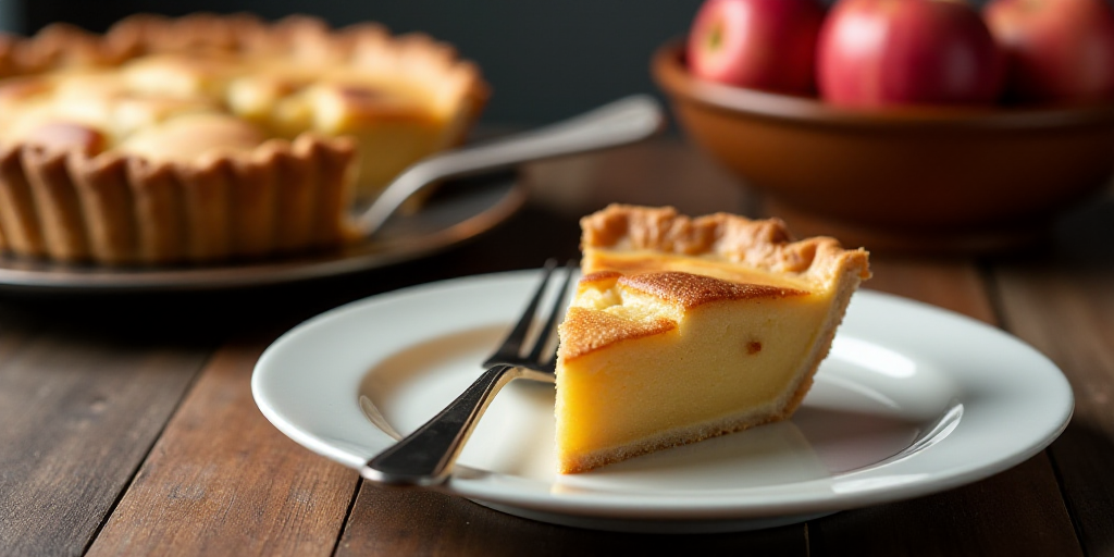a slice of apple pie on a plate with a fork and a bowl of apples in the background on a table, Denni