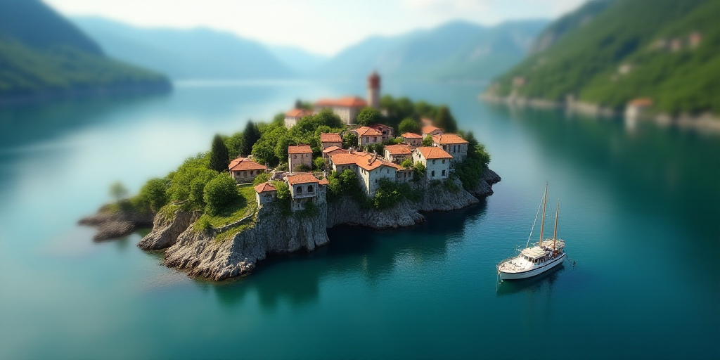 a small village on a cliff overlooking the water and a boat in the water near it, with a small islan