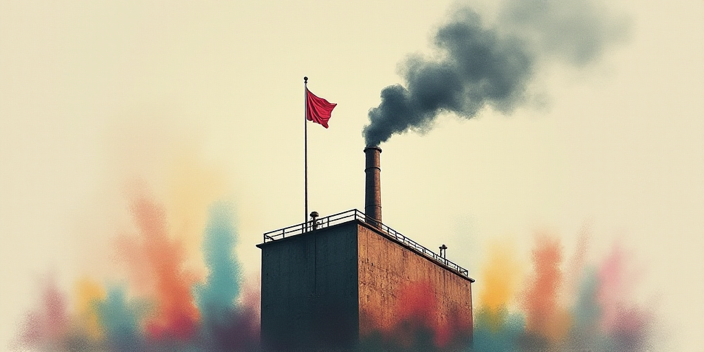 a smokestack on top of a building with a flag on top of it and a flagpole, Banksy, smoke, a pastel,