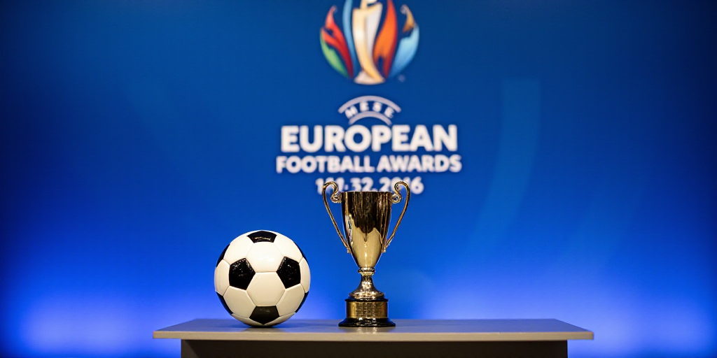 a soccer ball and trophy on a table with a blue background and a wall behind it that says the europe
