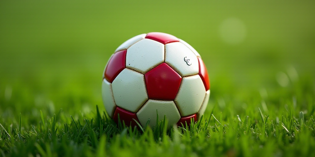 a soccer ball sitting on top of a lush green field of grass with a yellow and red ball in the middle