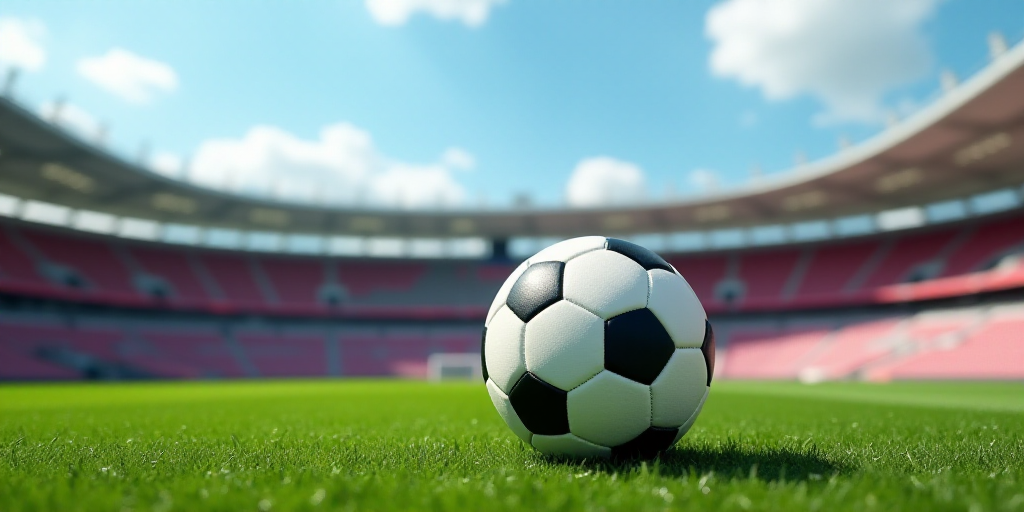 a soccer ball sitting on top of a table in a stadium with a sky background and a sky line, Carles De