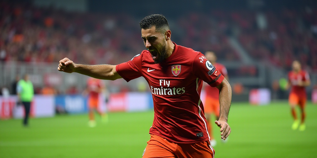 a soccer player celebrates after scoring a goal in a soccer match against a city team in a stadium f
