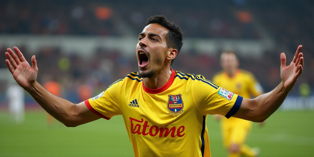 a soccer player is celebrating a goal with his hands out and his mouth wide open in celebration of a