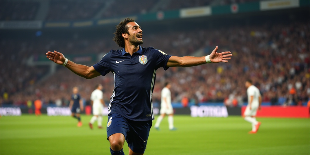 a soccer player is celebrating after a goal in a game with other players in the background and a cro