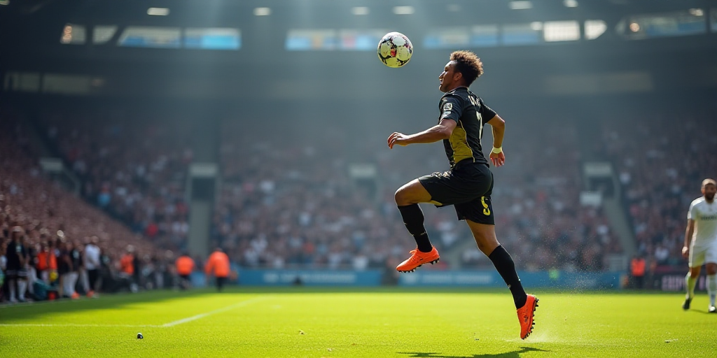 a soccer player jumping up in the air to head the ball during a game with a crowd watching from the
