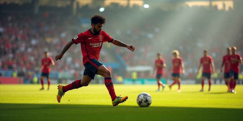 a soccer player kicking a soccer ball on a field with a crowd watching him from the sidelines watchi