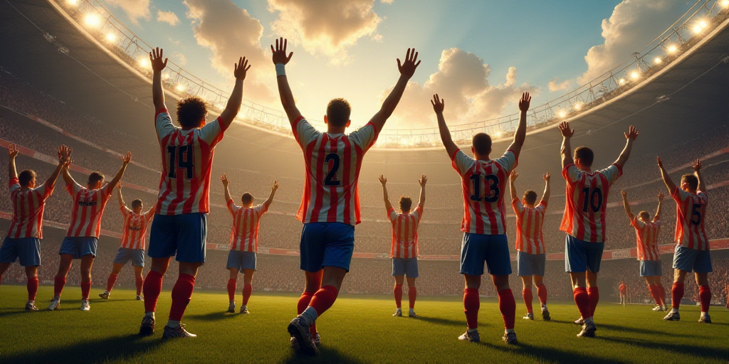 a soccer team celebrating a victory at a stadium with their hands in the air and their hands in the