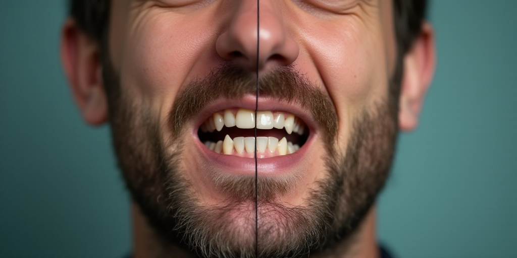 a split photo of a man with a fake tooth and a picture of a man with a fake tooth, Andries Both, fea